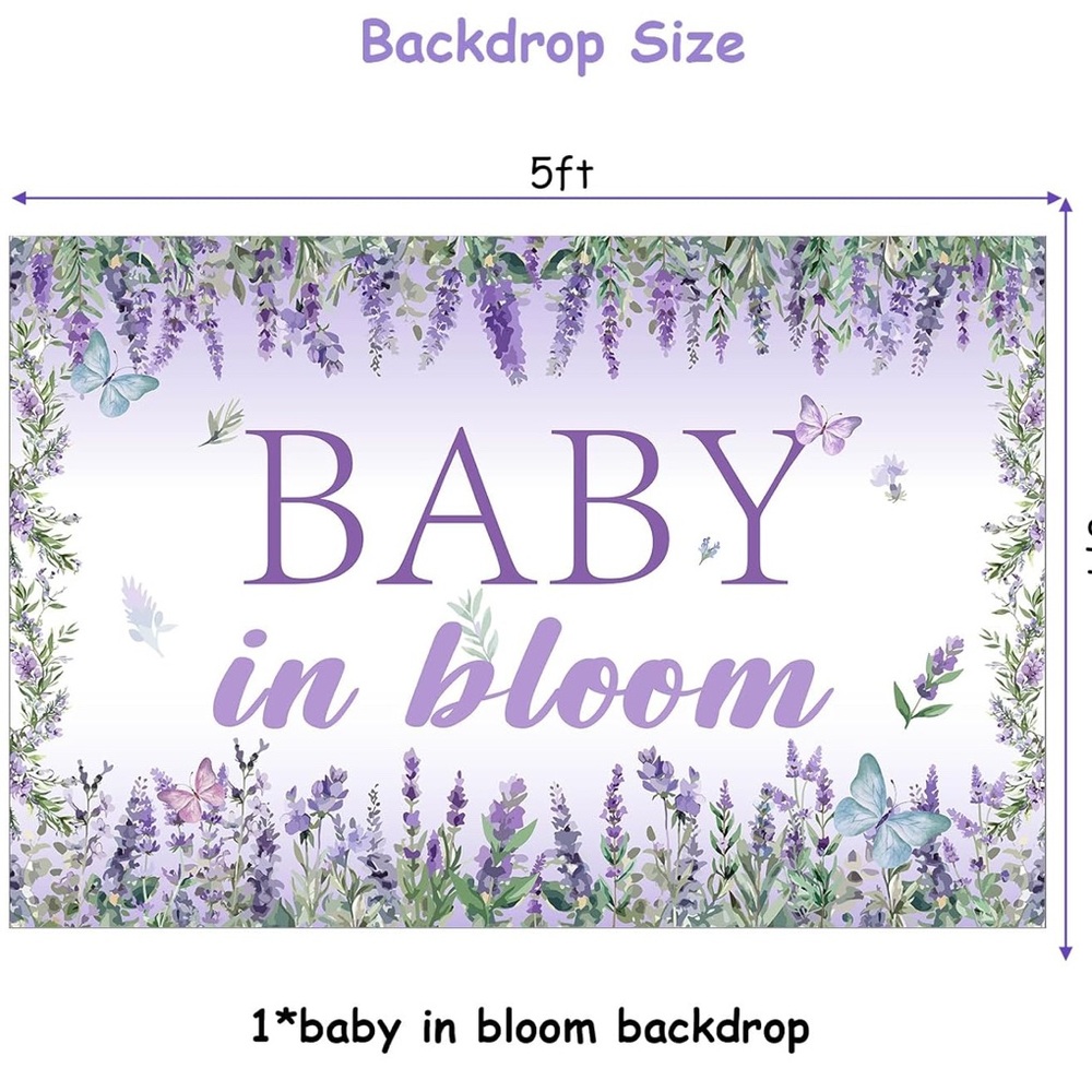 Baby in Bloom Lavender Butterfly Backdrop Baby Shower 5x3 foot size Purple Party